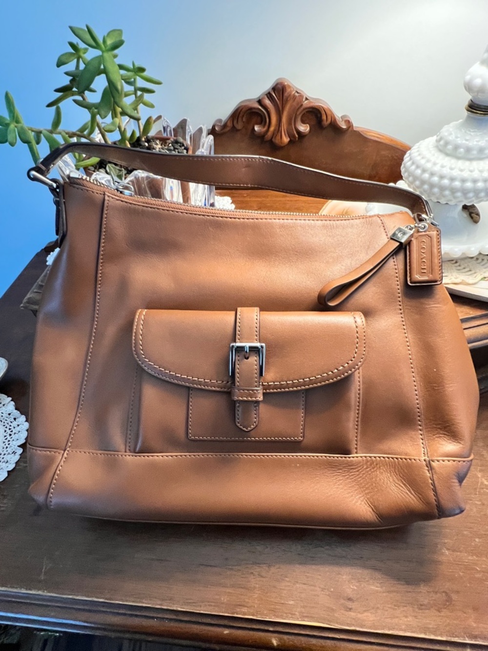 Coach Tan Leather Shoulder Bag with Front Pocket